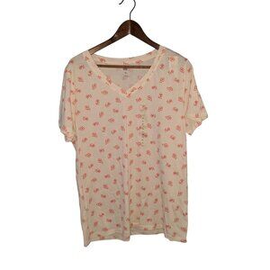 Dip Womens XL Short Sleeve V-Neck Top Floral Print Beige & Pink